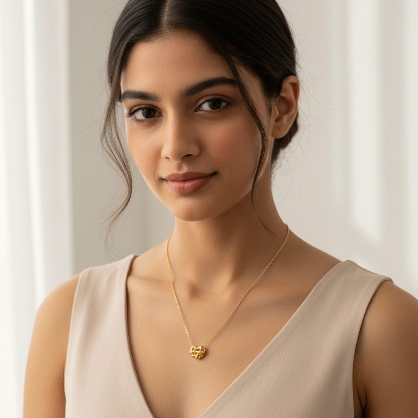 Woman wearing a gold necklace with a heart pendant against a neutral background