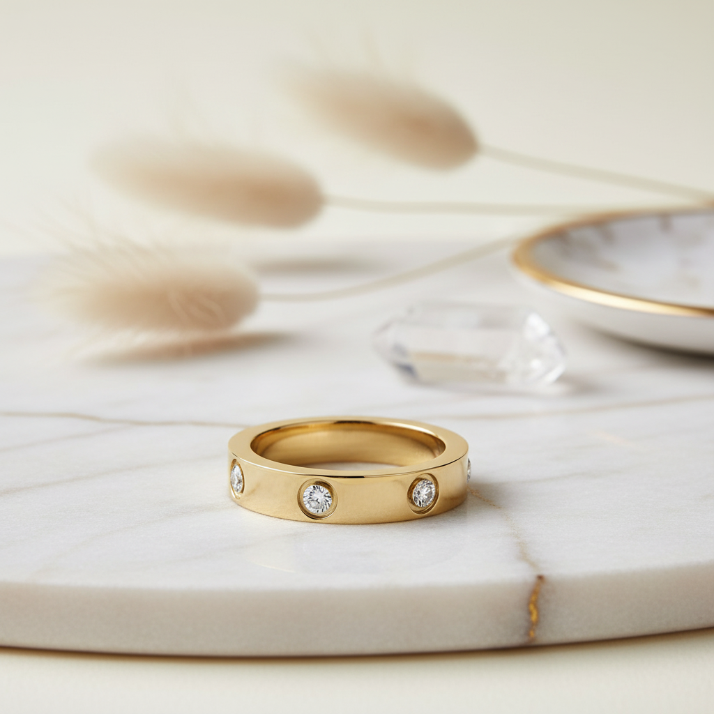 Gold ring with embedded diamonds on a marble surface