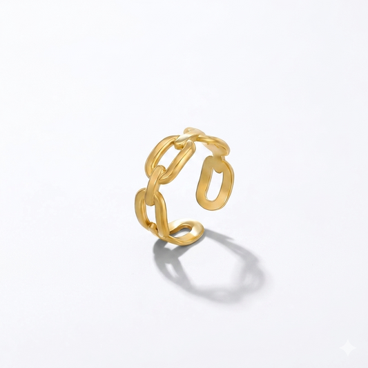 Gold chain-style ring on a light gray background