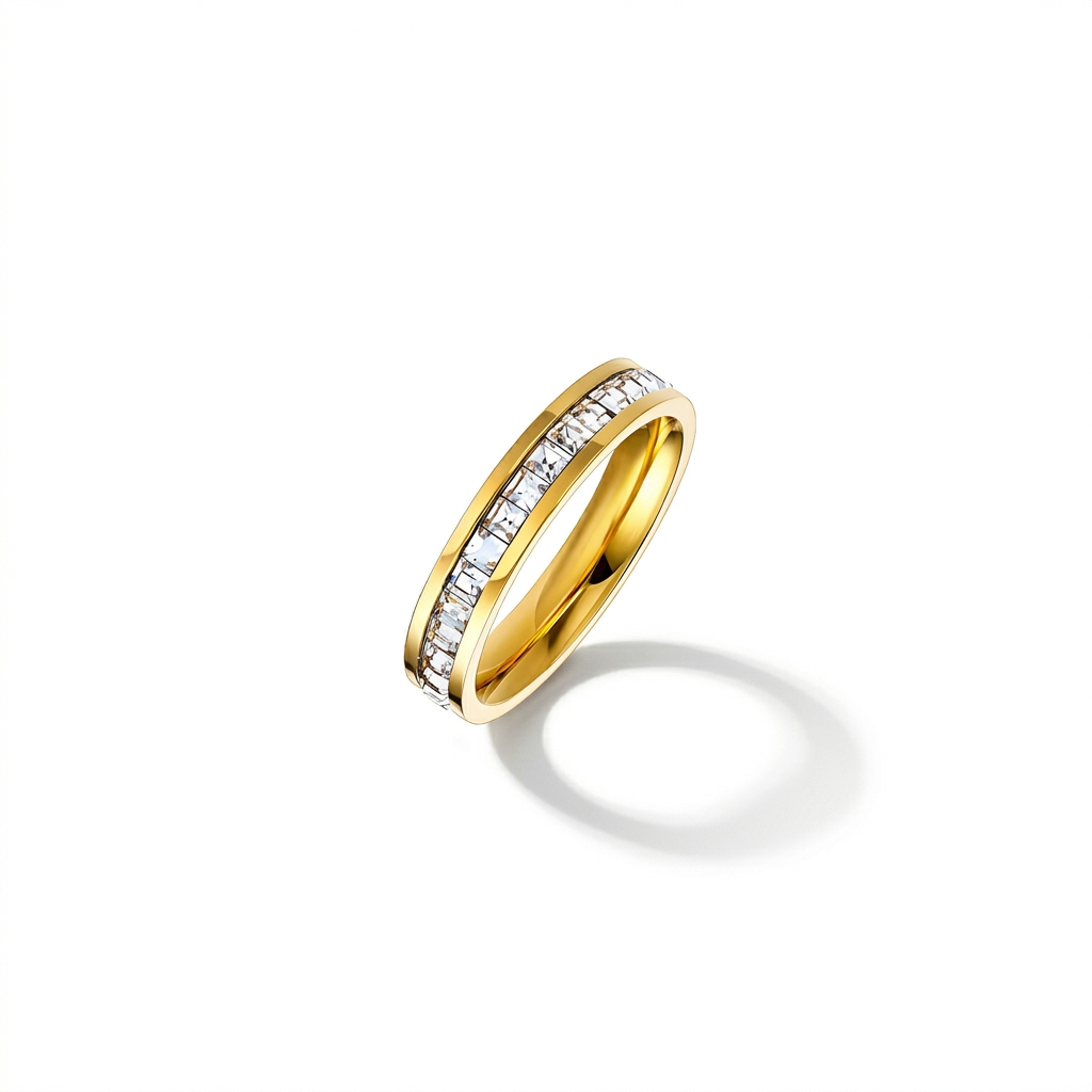 Gold ring with embedded diamonds on a white background