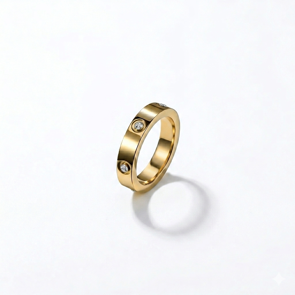 Gold ring with embedded diamonds on a white background